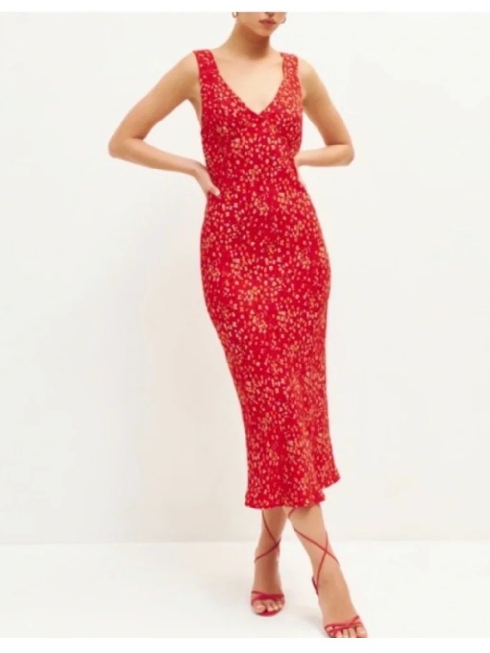Reformation Beauden Red Floral Midi Slip Dress